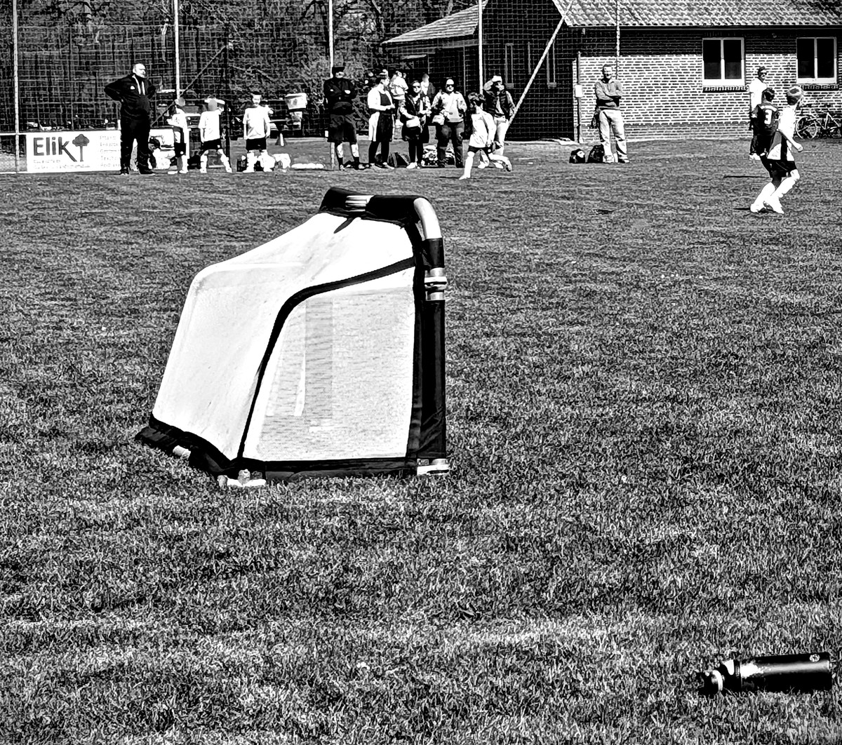 Das kleine Funino-Tor auf dem Sportplatz, im Hintergrund Kinder und Zuschauer